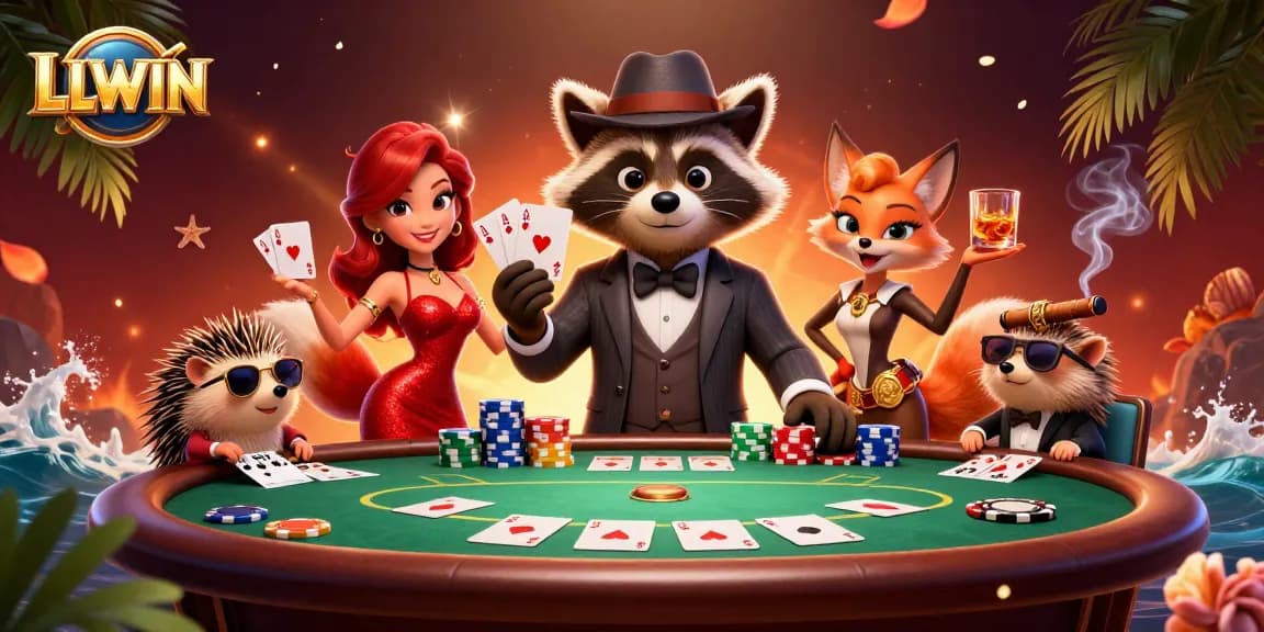 Experience thrilling poker action at LLWIN with a charming raccoon and companions in a vibrant casino scene.
