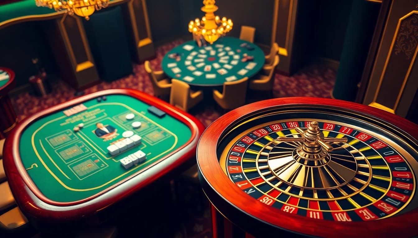 Engaging scene of players online at 88i đăng nhập with casino tables, showing excitement and luxury.