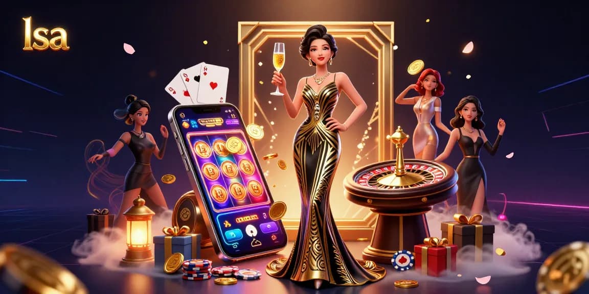 Experience the excitement at lsa with a glamorous Asian woman holding champagne at an elegant casino.