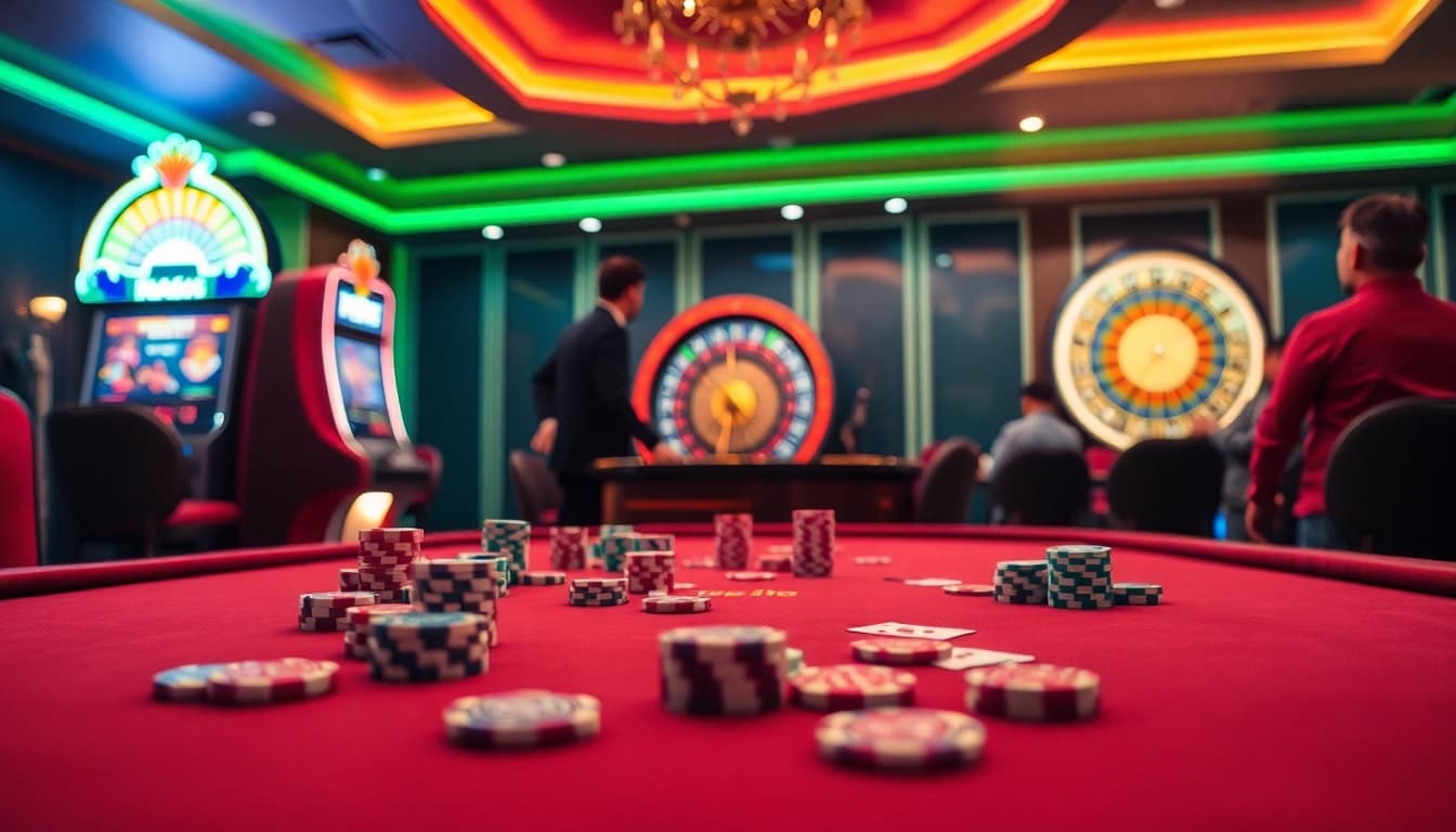 Exciting BJ66 casino scene with vibrant poker chips and a spinning roulette wheel.