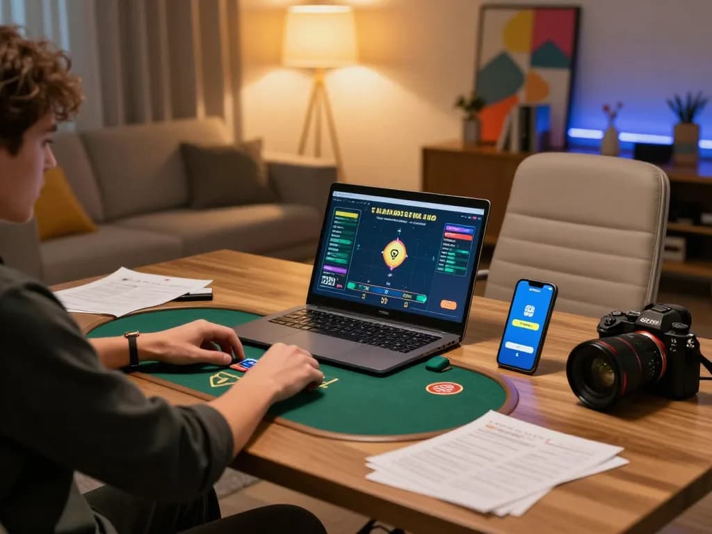 Sao789 user placing bets in a competitive online poker session from a modern home setup, showcasing strategic gameplay.