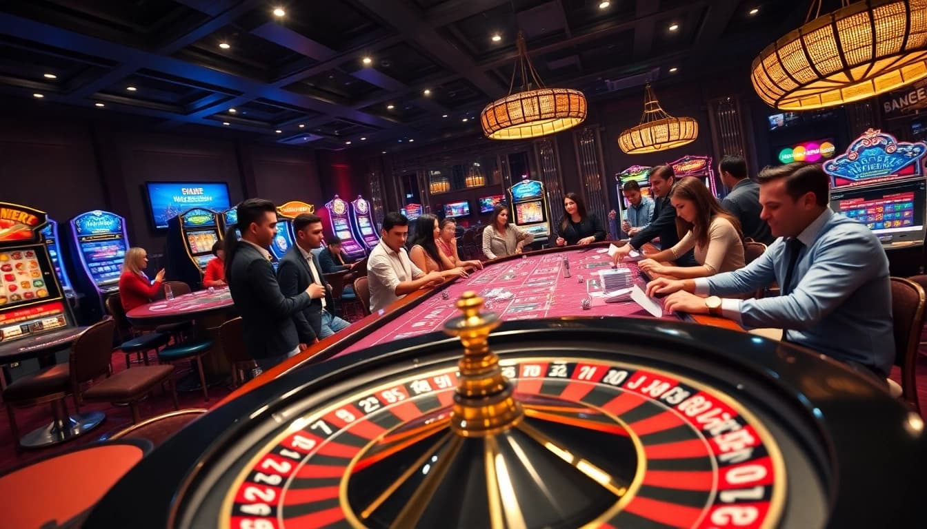 Players enjoying a thrilling game at 789club casino with engaging table games and vibrant slot machines.