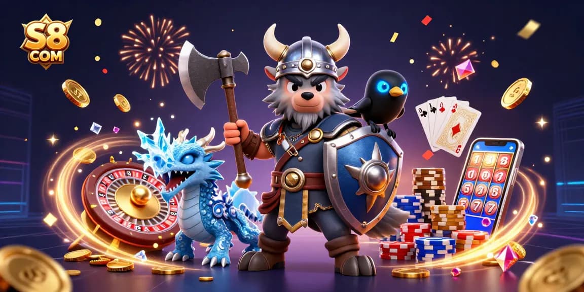 S8 COM game strategies come alive in a dynamic illustration showcasing winning opportunities with animated characters and casino elements.