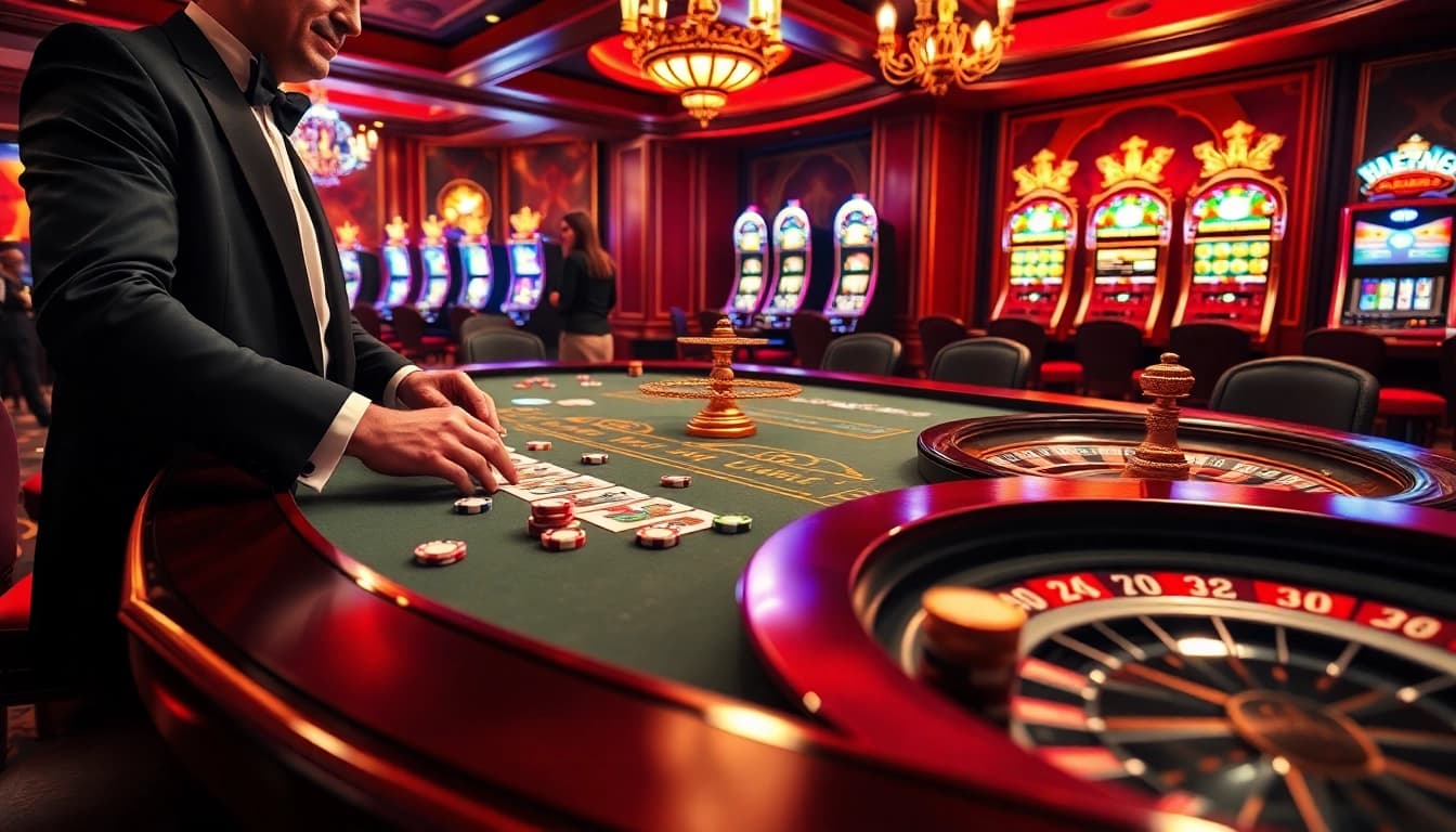 Players engaging in high-stakes poker at 8kbet.com casino table with dazzling lighting.