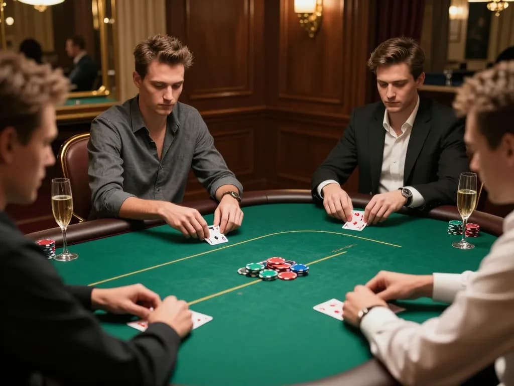 Intensely focused players at an upscale private poker table, showcasing 98win9's casino atmosphere.