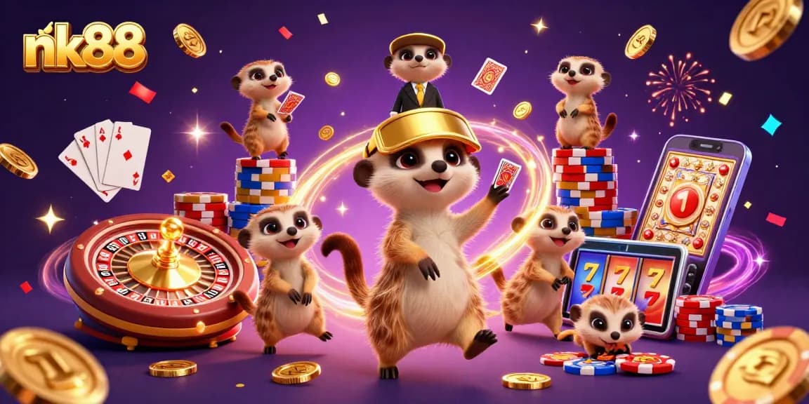 nk88 meerkats managing a bustling casino with sparkling gems and coins, showcasing vibrant gambling action