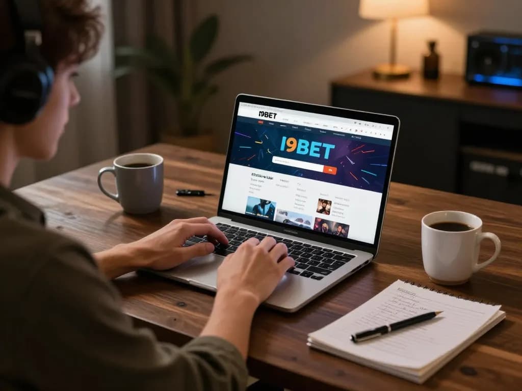 I9BET user engaging intensely with online casino and poker games, showcasing a cozy gaming atmosphere.