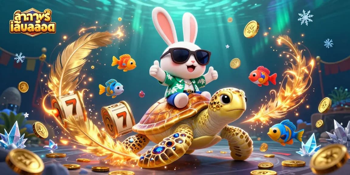 Play ทดลองเล่นสล็อต with the lucky rabbit and golden turtle in a vibrant casino scene.