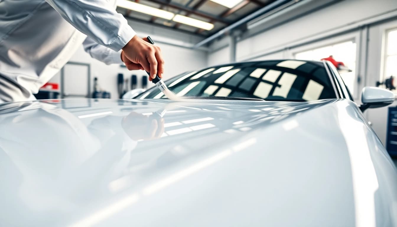 Keramikversiegelung München – Fachmann, der Keramikversiegelung auf einem glitzernden Auto anwendet.