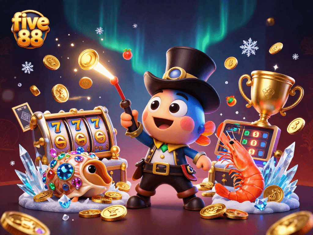 Spin and win with five 88 in this energetic casino scene filled with gold coins and slot elements.