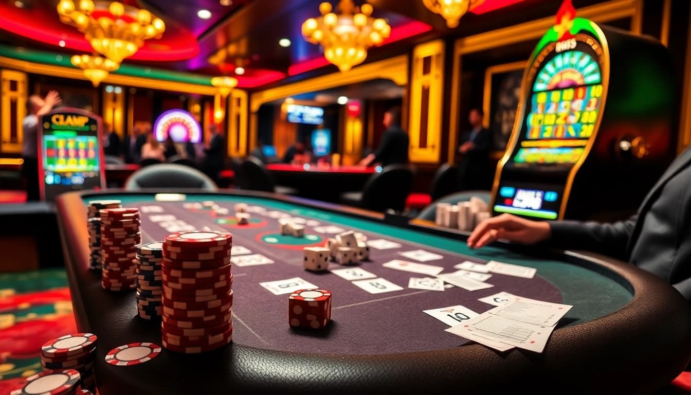 Experience thrilling gameplay at https://cf789.lat with a vibrant casino atmosphere featuring poker tables and slot machines.
