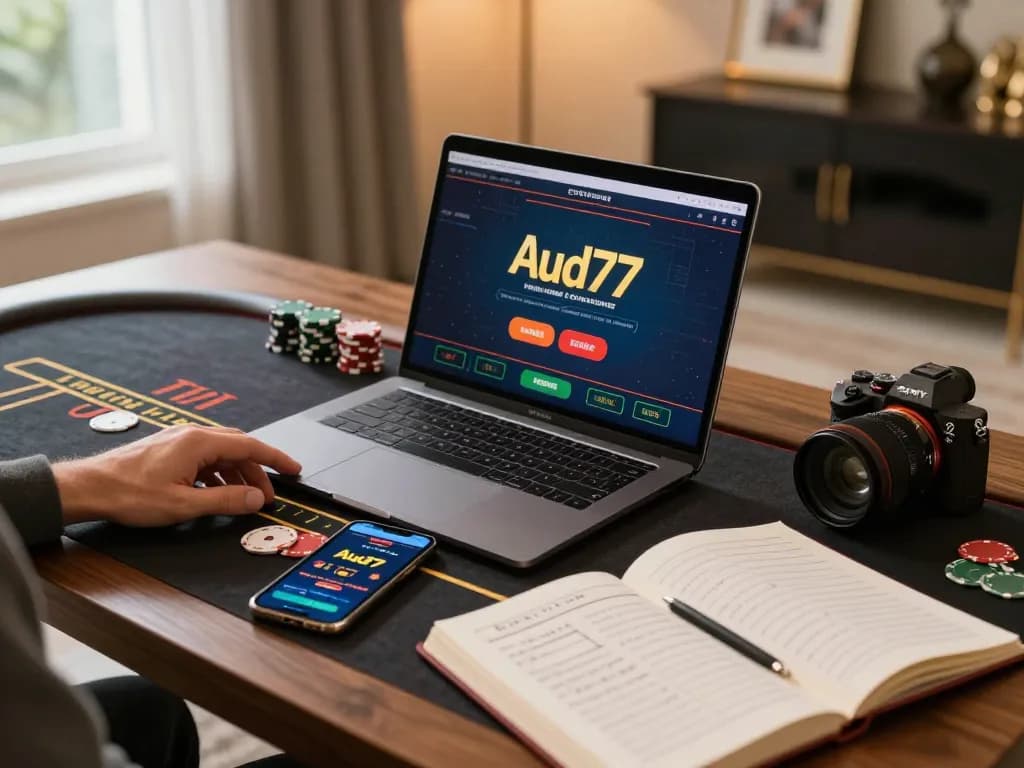 Engaging in live dealer blackjack on aud77 casino app from a cozy home setup with strategic notes.