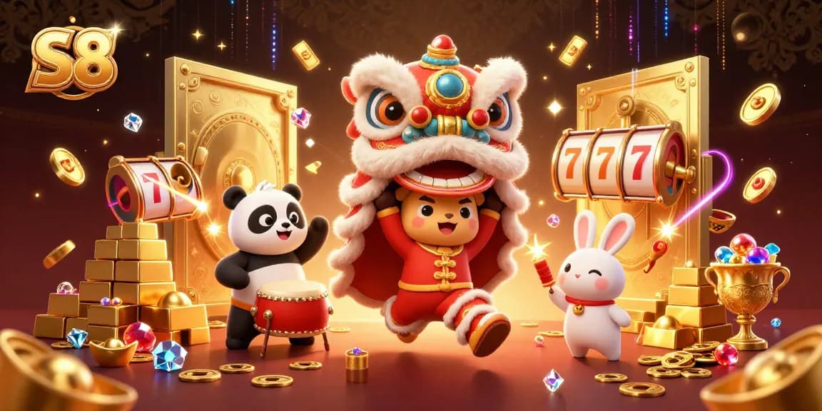 S8 offers exciting online casino gaming, featuring slot machines, gold treasures, and festive characters.