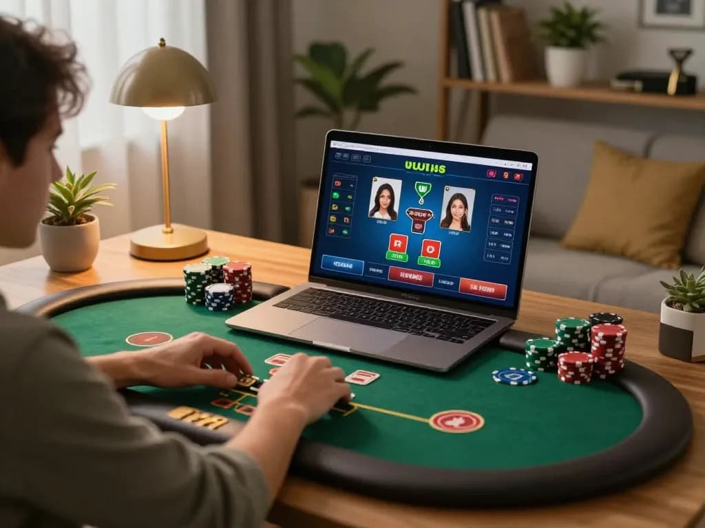 Engaging in online gaming on trang chủ UU88 with laptop displaying live dealer poker game.
