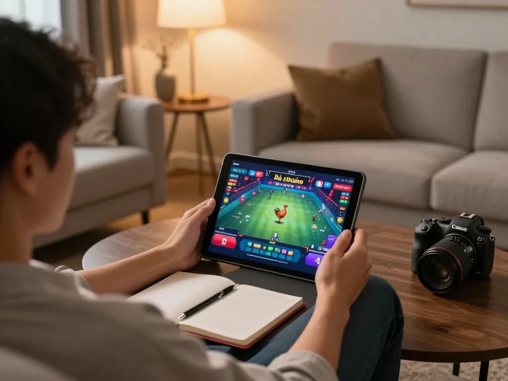 Engaging in Đá gà thomo streams on tablet during online gambling session.