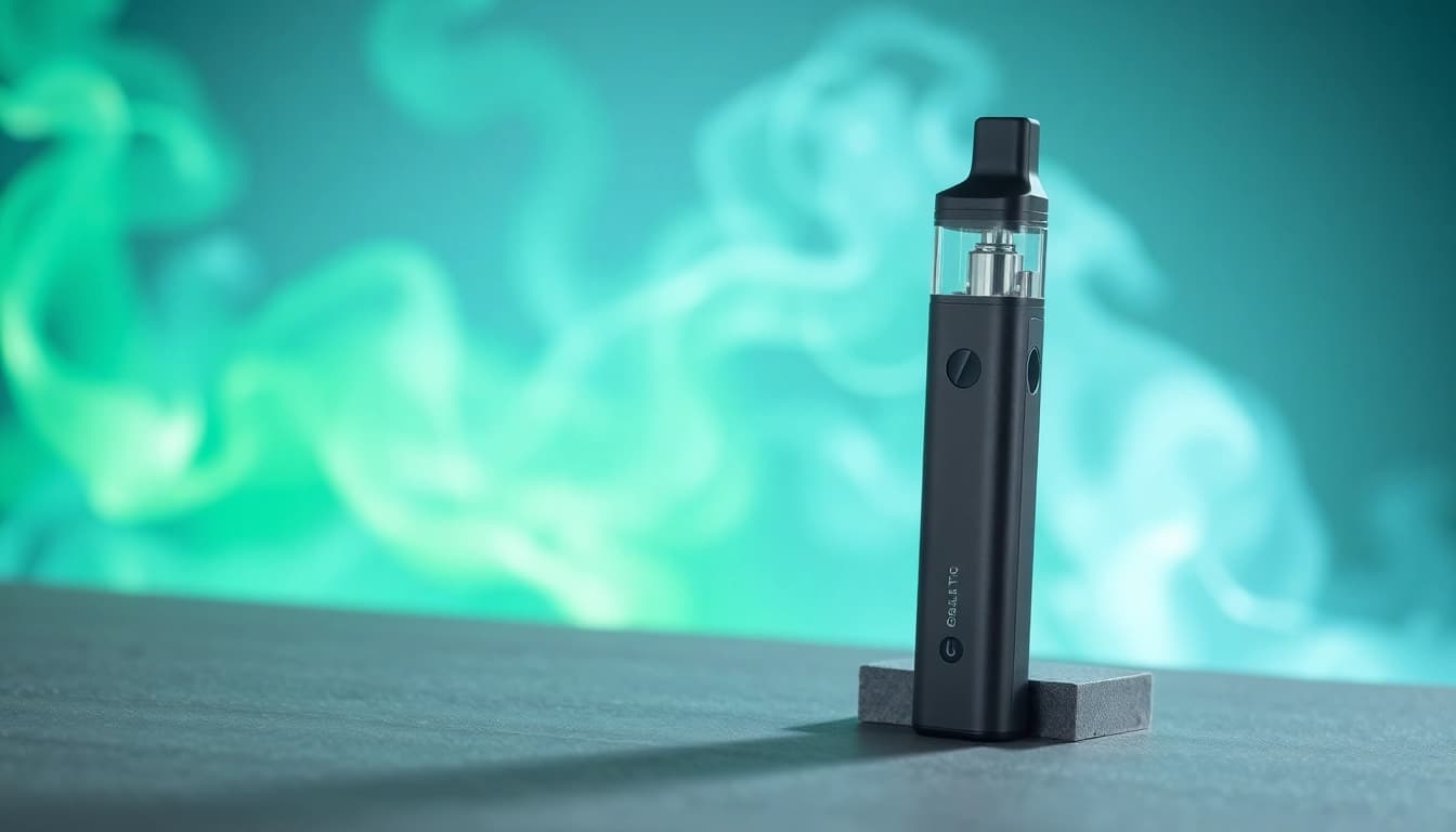 Showcase the sleek GEEK THC disposable vape device resting on a minimalist background with vapor clouds.