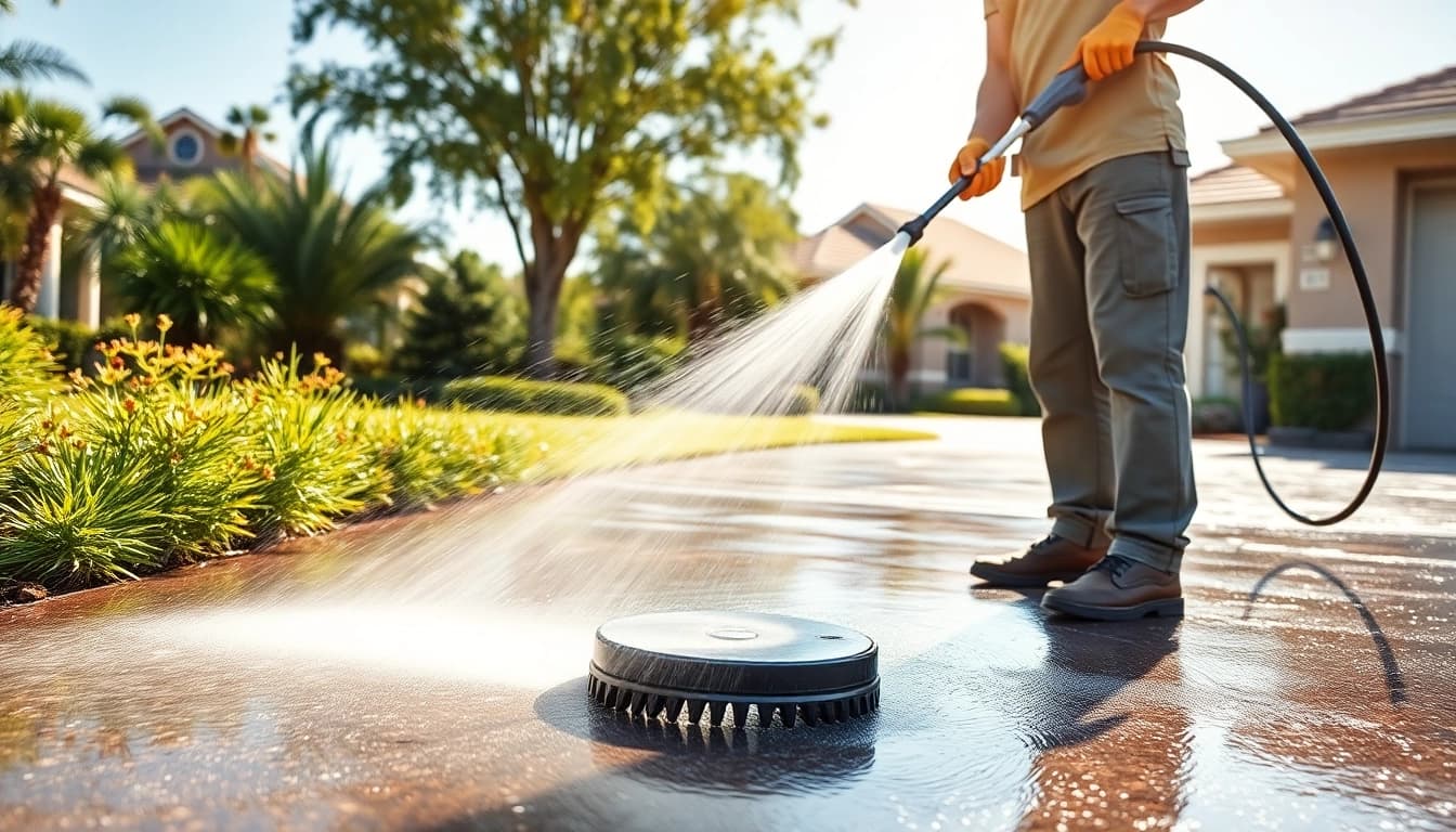 Driveway pressure wash in action, showcasing a skilled technician cleaning a residential driveway effectively.