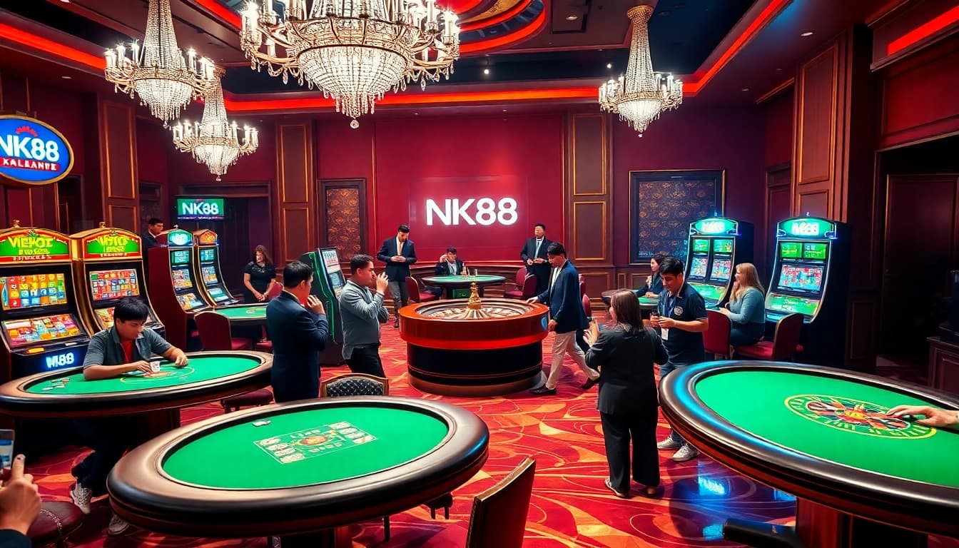 Players enjoy a vibrant NK88 casino experience at luxurious gaming tables with thrilling atmosphere.