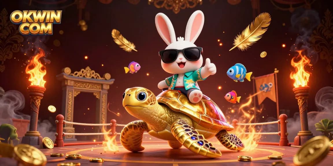 Enjoy thrilling experiences at OKWIN COM with a cartoon lucky rabbit and golden turtle among colorful casino elements.