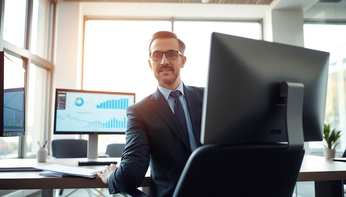 Tarifvergleich mit einem Finanzberater in modernem Büro, der Daten analysiert.