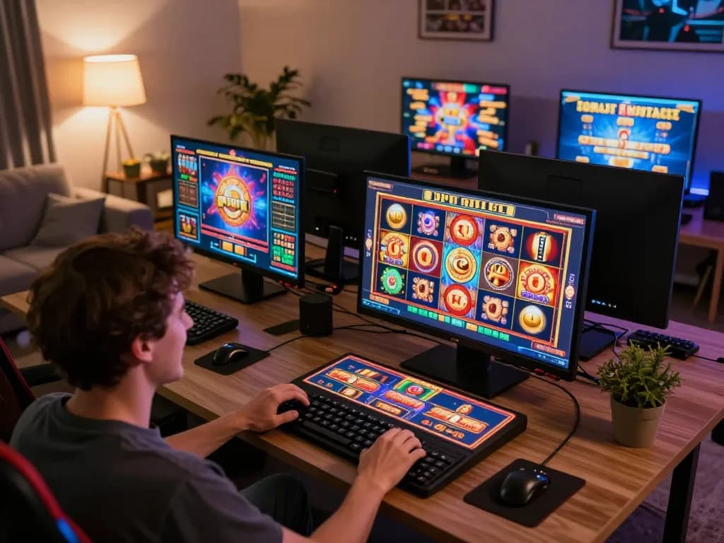 Player celebrating a win on open88 slot machine in a cozy online gaming setup, showcasing excitement and strategy.