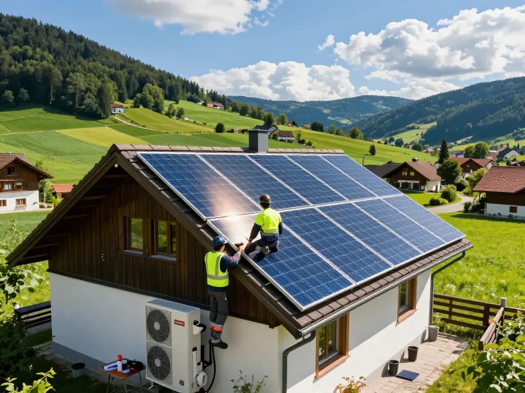 Installation von Photovoltaik Bayern Solarmodulen in der bayerischen Landschaft mit Techniker, der das System inspiziert.