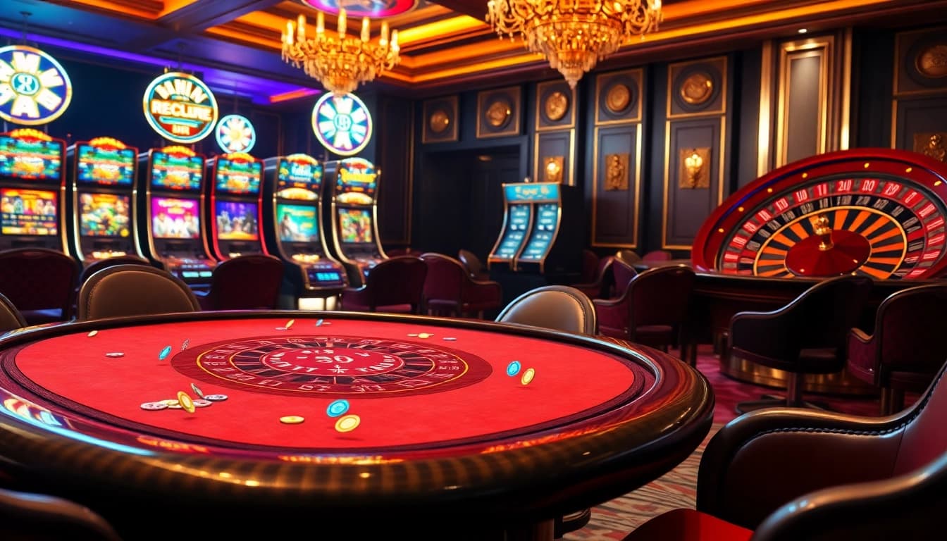 Experience exciting gameplay at DA 88's luxurious casino tables filled with poker chips and vibrant slot machines.