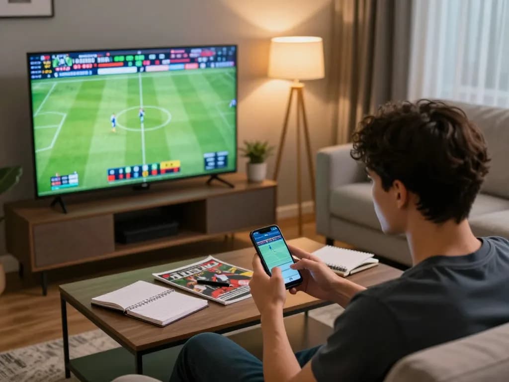 Betting on บ้านผลบอล7m through a smartphone while watching live soccer game.