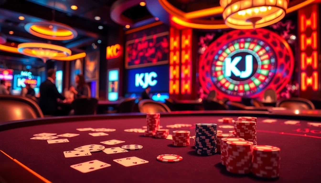 KJC casino experience with elegant poker table and roulette wheel, showcasing vibrant gaming atmosphere.