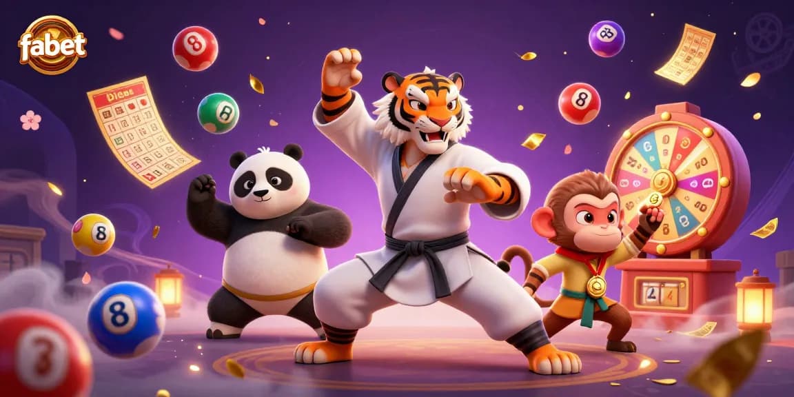 Engage with fabet's vibrant casino world featuring a kung fu tiger, panda, and monkey amidst dynamic lottery elements.
