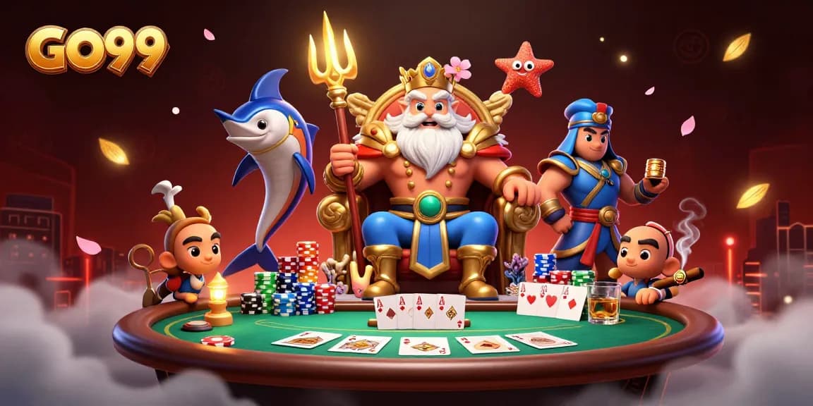 Experience intense GO99 poker action with Neptune and his guardians in a vibrant casino scene.