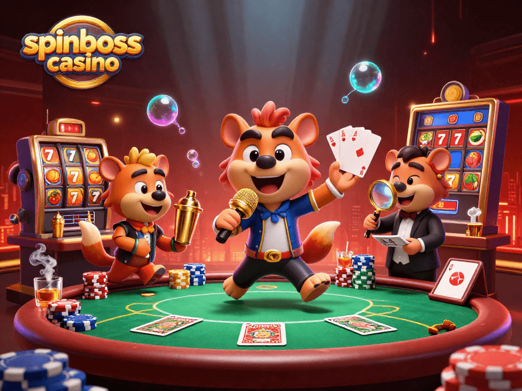 Erleben Sie das spinboss casino mit einem lustigen Hyänen-Casino-Thema voller Spieltische und bunten Chips.