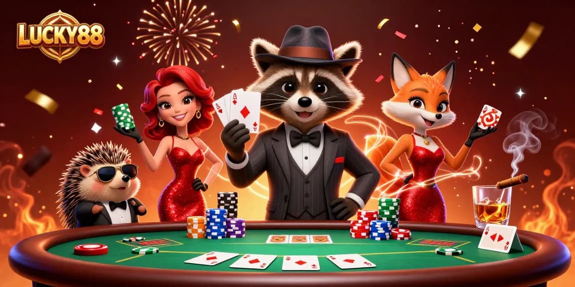 Experience LUCKY88 with engaging casino action featuring lively cartoon characters in a dynamic scene.