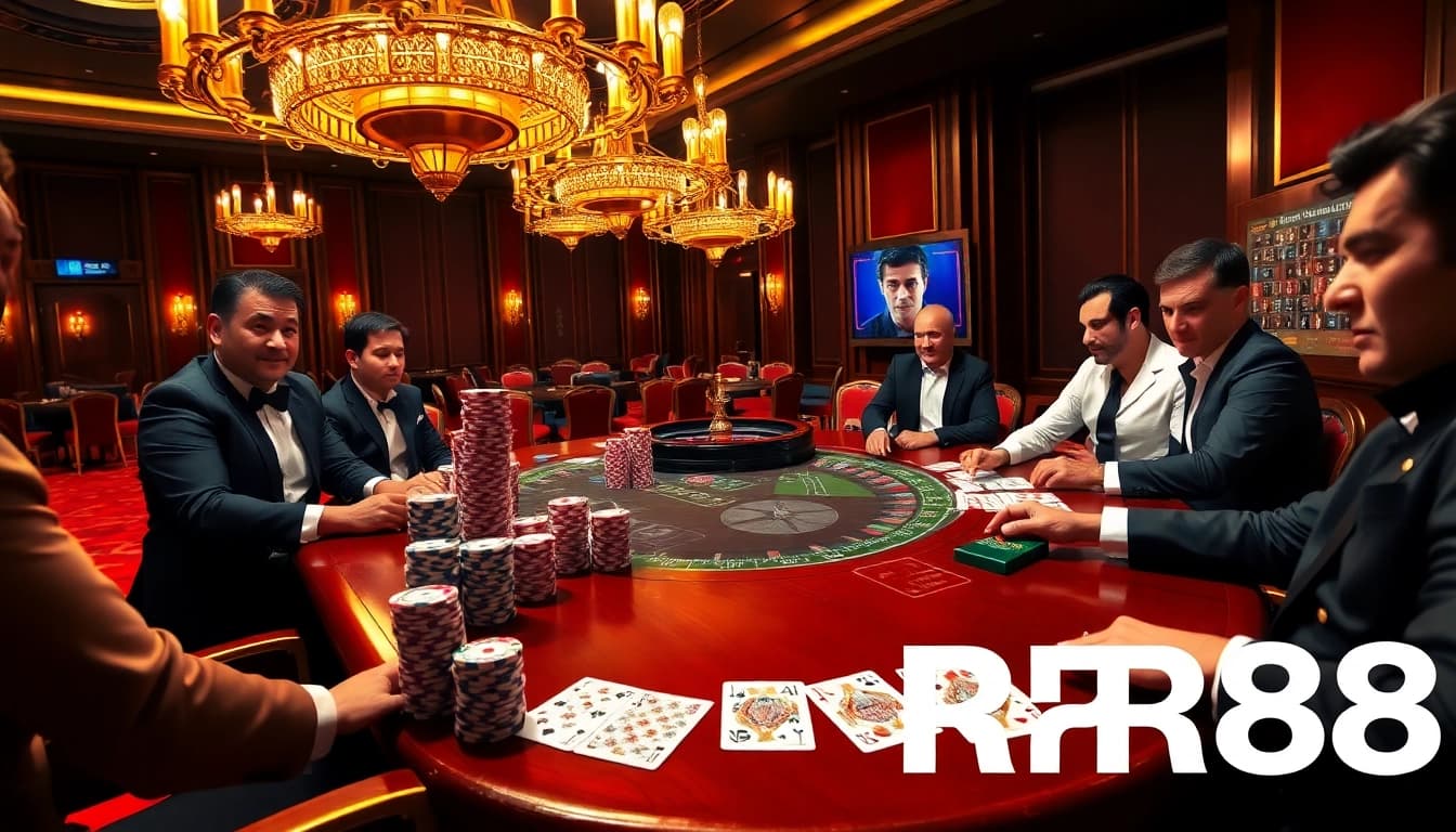 Excited players at a luxurious RR88 poker table, enhancing the thrill of high-stakes gambling.