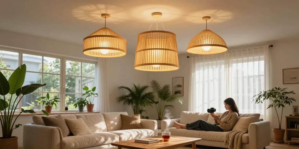 Stilvolle Deckenlampen aus Bambus, die ein gemütliches Wohnzimmer mit natürlichem Licht erhellen.