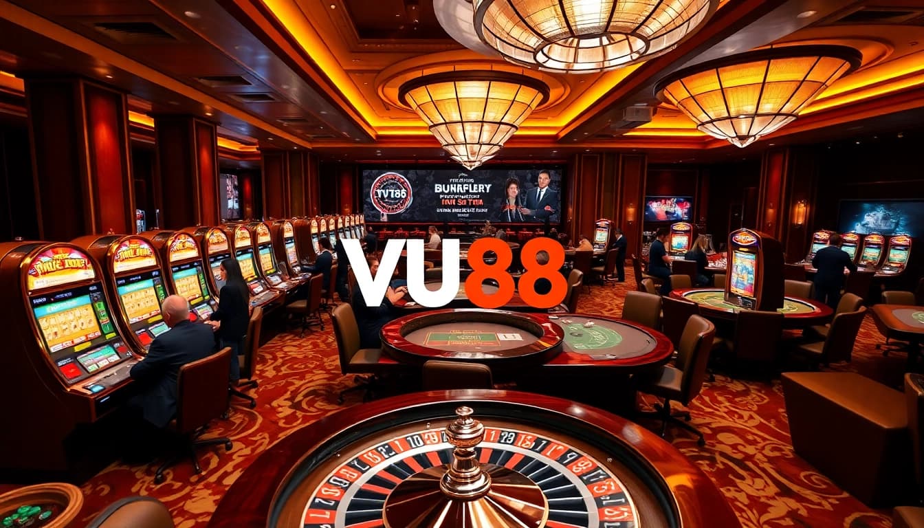Experience the excitement of VU88 in a luxurious casino setting with poker tables and vibrant slot machines.