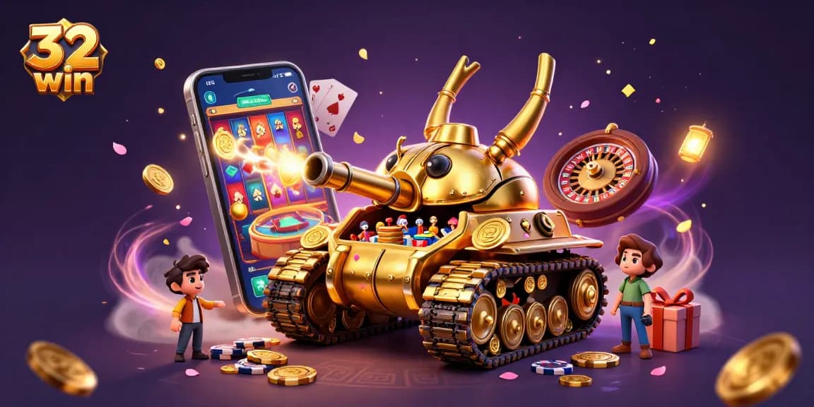 32 win gaming experience illustrated with a golden tank casino, vibrant slot games, and festive confetti.