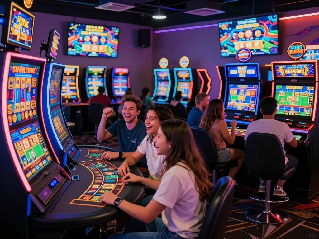 Exciting gaming atmosphere in 娛樂城 with friends enjoying slot machines and card games.