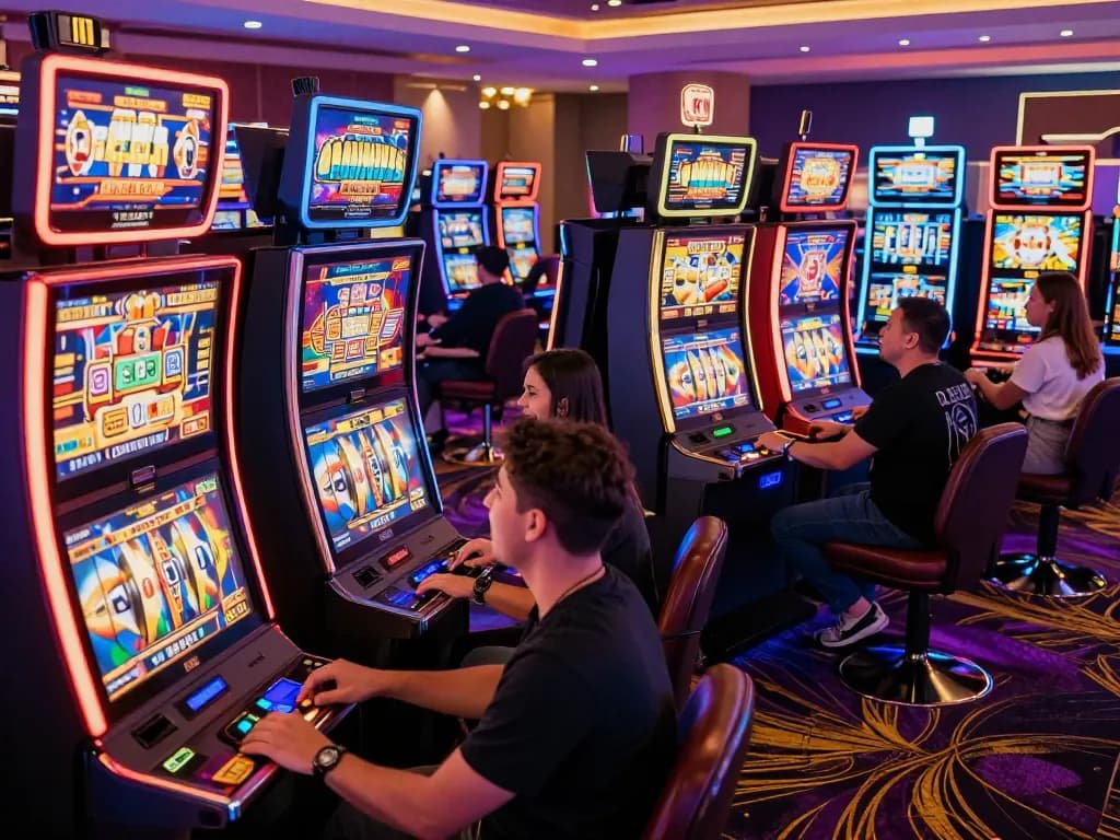 Players celebrating wins at interactive slot machines, showcasing the excitement of gambling.