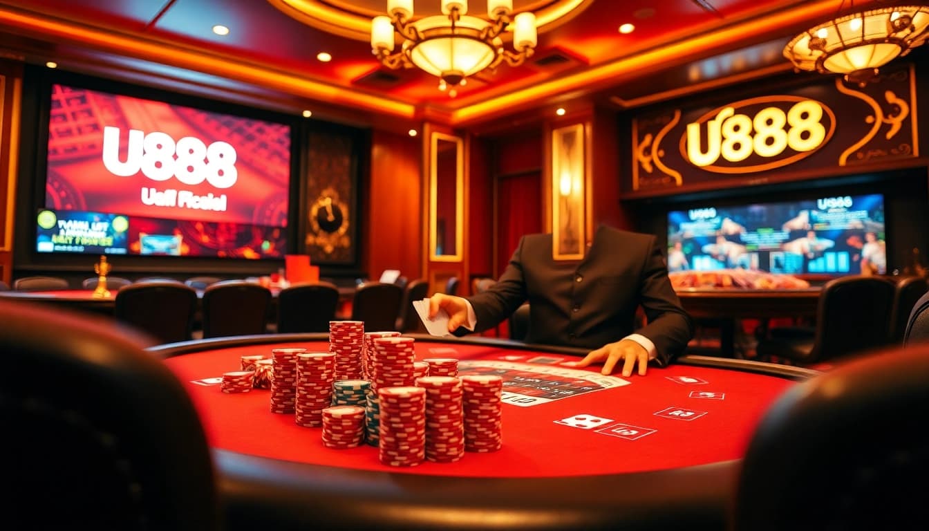Exciting game scene at U888 casino with poker chips, cards, and roulette wheel.