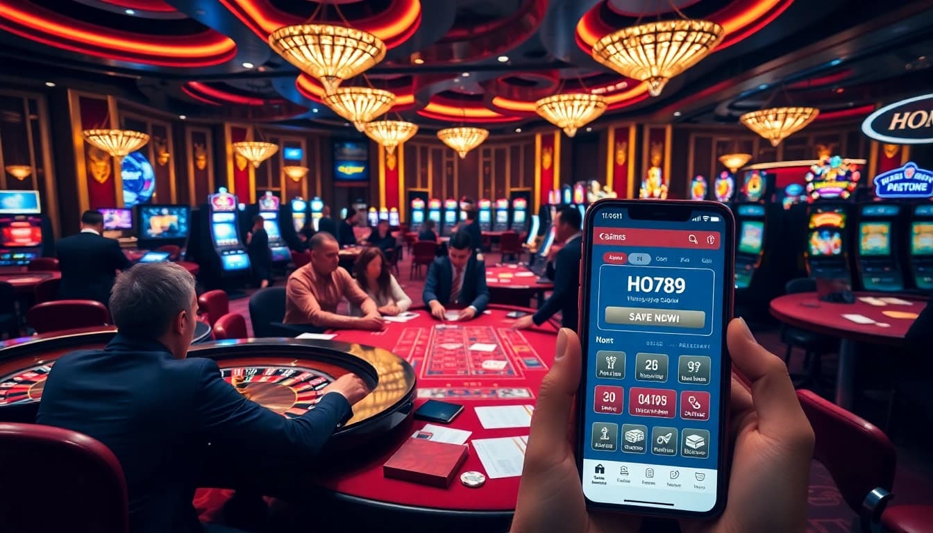 Players enjoying various casino games with HOT789 app displayed on a smartphone.