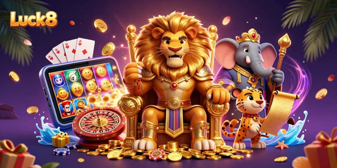 Experience the thrill of Luck8 with dynamic casino games amidst vibrant characters and golden treasures.