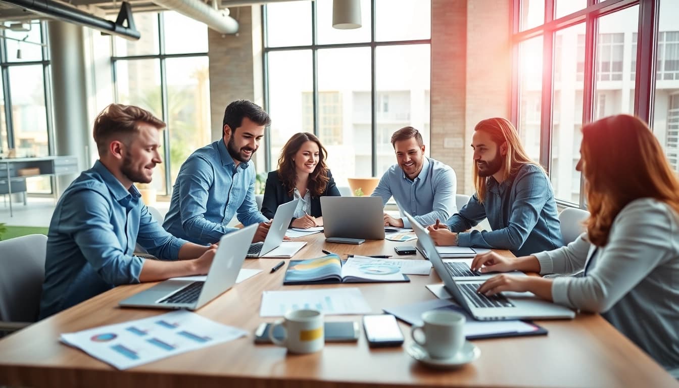 Online Marketing Teamworks in a bright office, emphasizing collaboration and strategy creation.