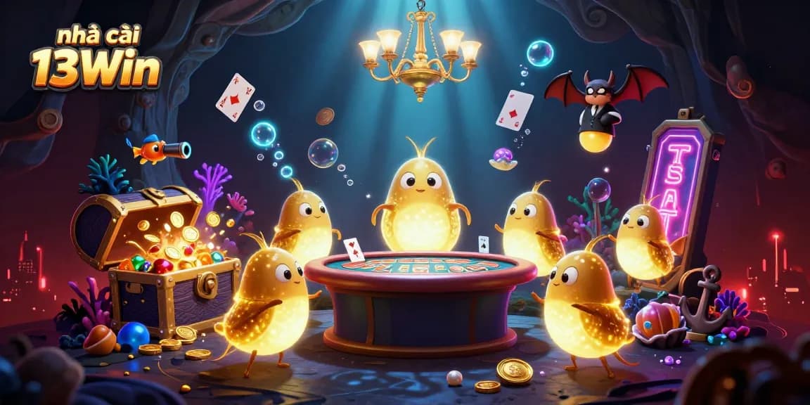 Join the excitement with nhà cái 13Win in this vibrant 3D illustration of a glowing casino filled with treasures.