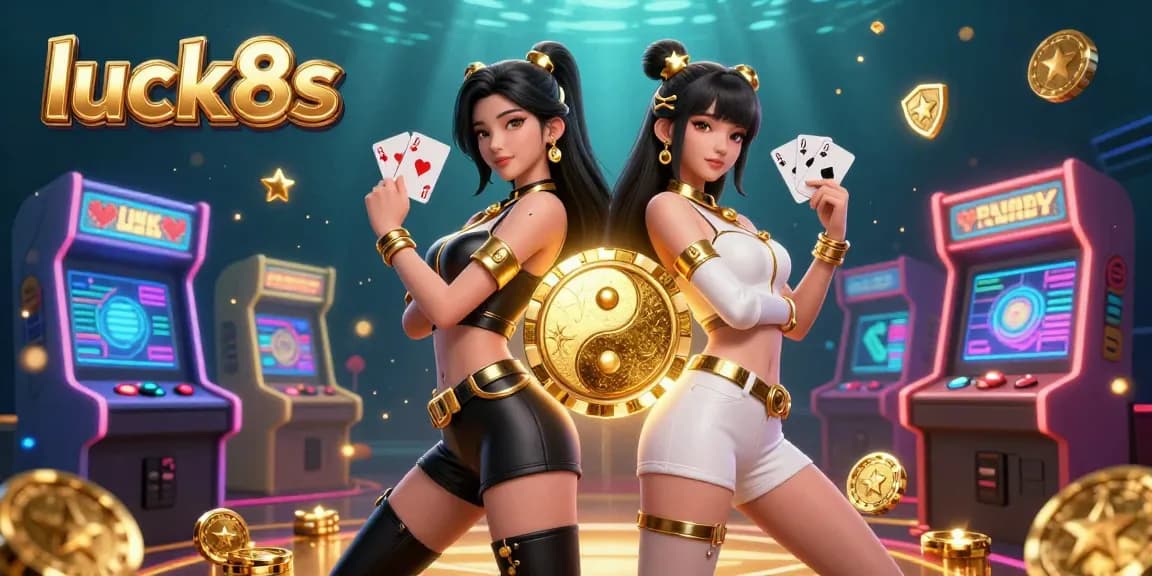 Engage with luck8s, featuring twin Asian women holding playing cards surrounded by vibrant casino elements.