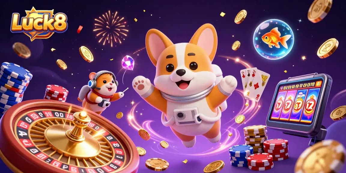 Experience Luck8 excitement with a 3D astronaut corgi and casino scene full of vibrant games and colorful elements.