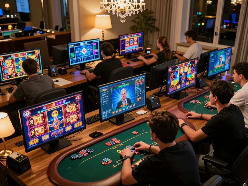 Engaged players enjoying ssbet77 online casino games on multiple screens, showcasing a lively gaming atmosphere.
