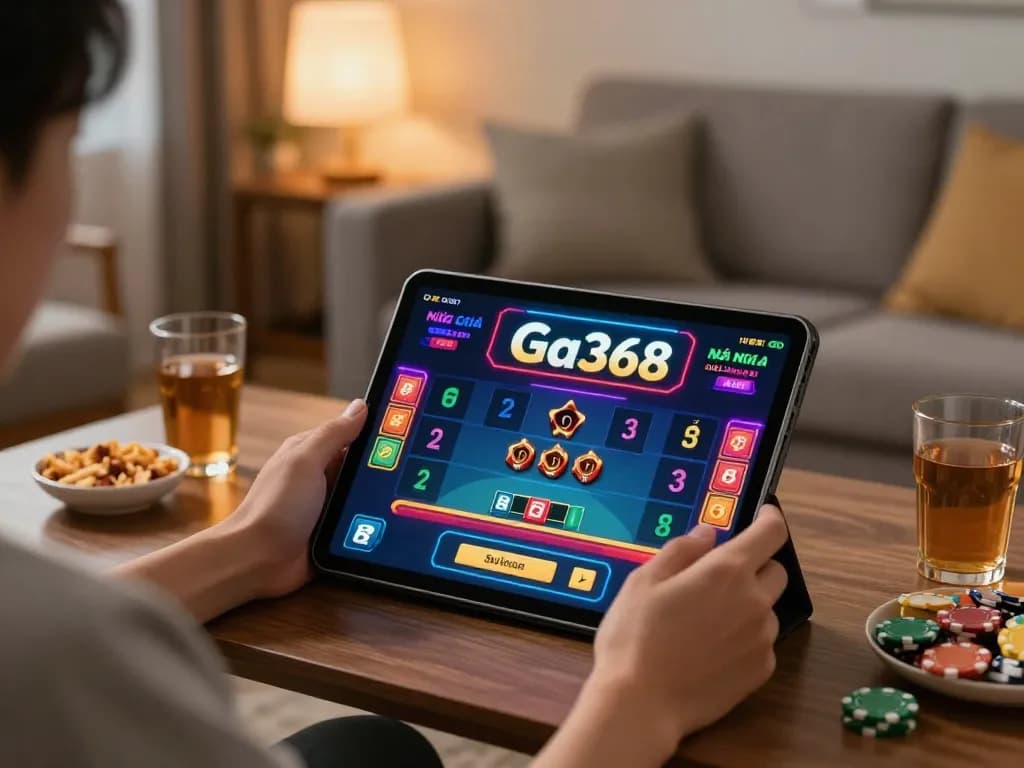 Enjoying online betting on Nhà cái Ga368 with a tablet in a cozy home setting, showcasing a dynamic gaming experience.