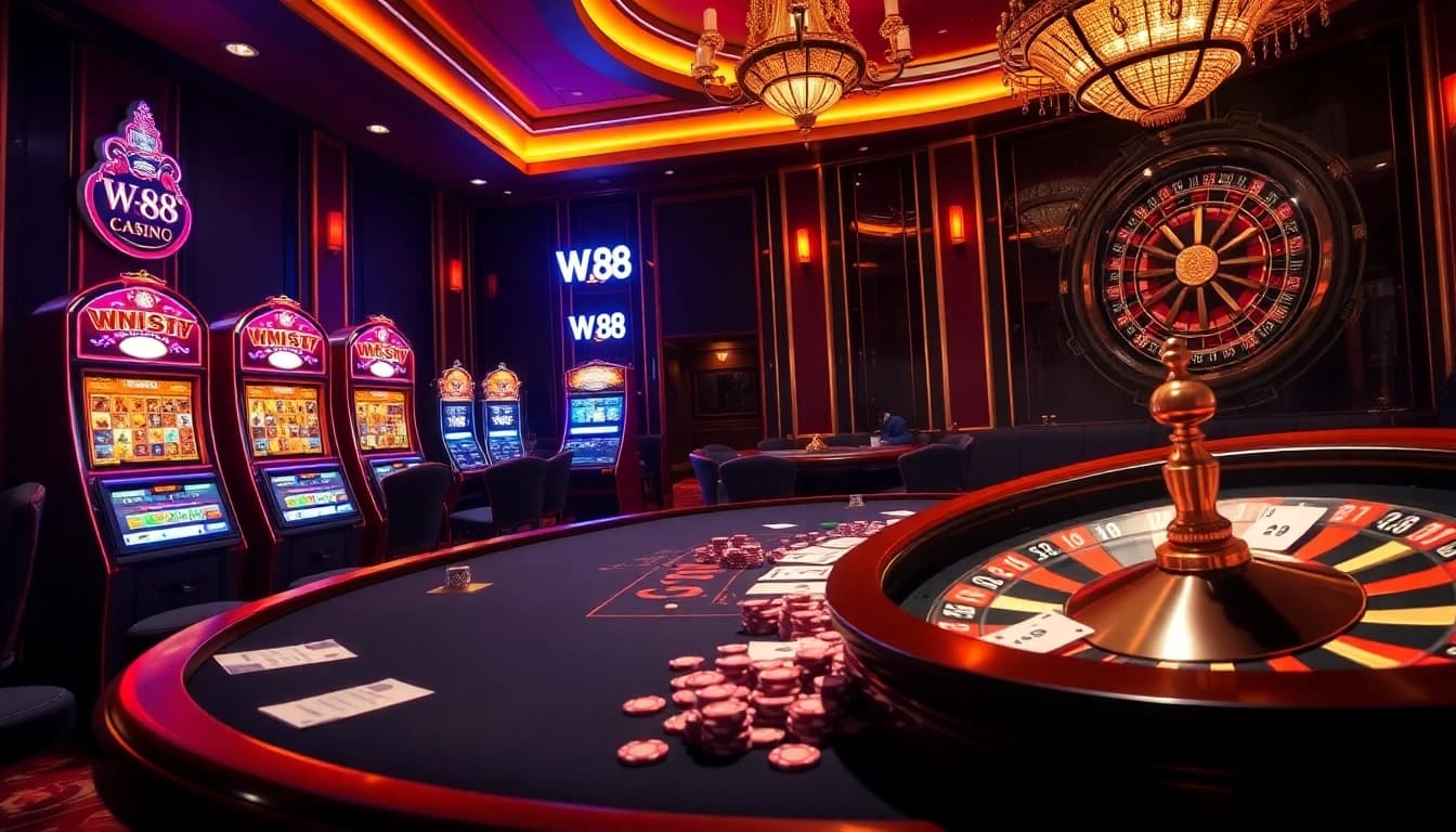 W 88 poker players engaging in a thrilling game amidst vibrant casino vibes.