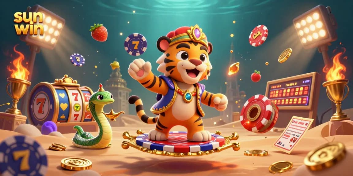 Join the sun win experience with a lively tiger sultan and magical elements in a vibrant casino scene.